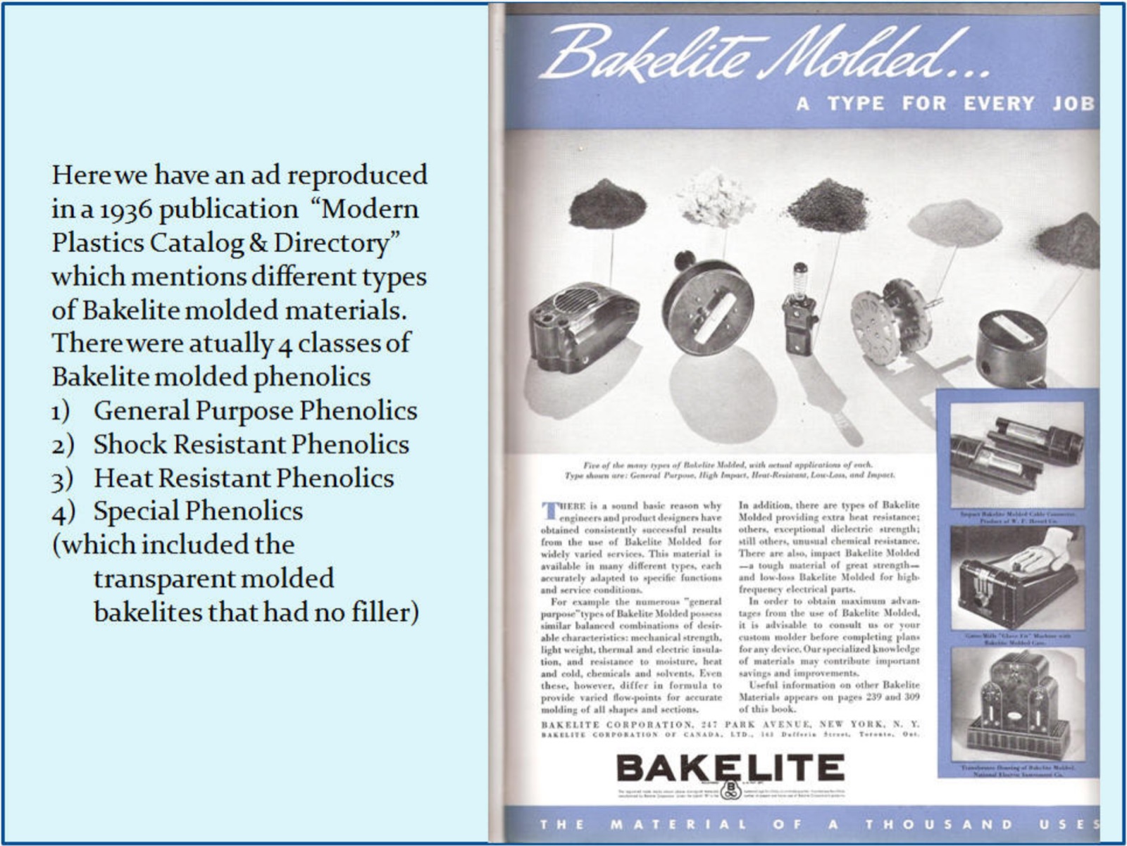 1936 advertisement from Modern Plastics Catalog & Directory showing four classes of Bakelite phenolic molding compounds β General Purpose, Shock Resistant, Heat Resistant, and Special Phenolics